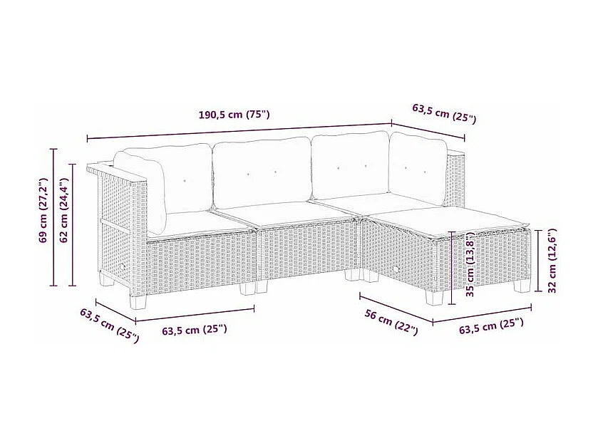 Salon de jardin 4 pcs avec coussins noir résine tressée