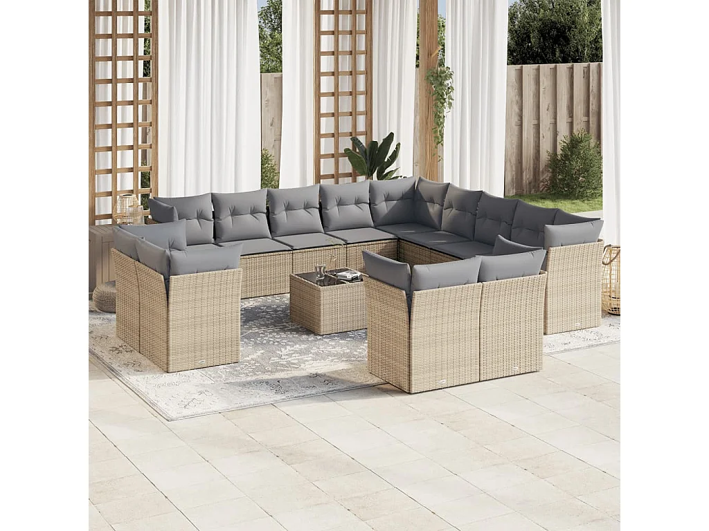 Salon de jardin avec coussins 14 pcs beige résine tressée