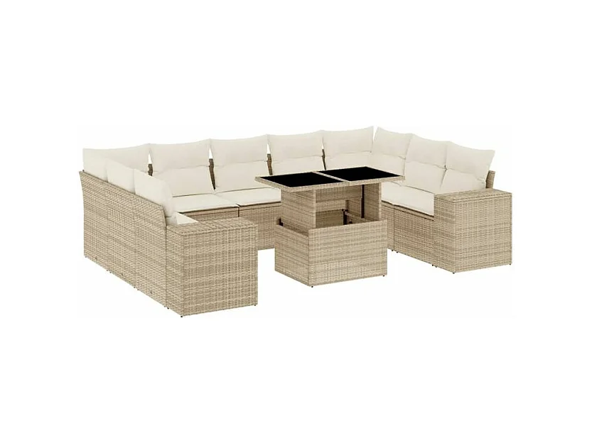 Salon de jardin avec coussins 10 pcs beige résine tressée