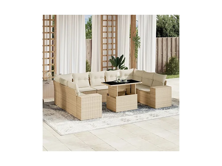 Salon de jardin avec coussins 10 pcs beige résine tressée
