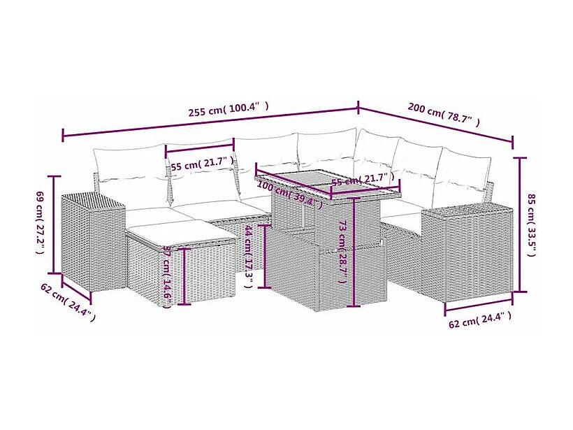 Salon de jardin avec coussins 8 pcs beige résine tressée