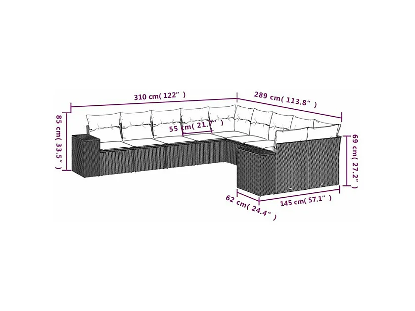Salon de jardin 10 pcs avec coussins marron résine tressée