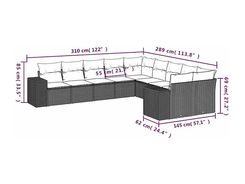 Salon de jardin 10 pcs avec coussins marron résine tressée