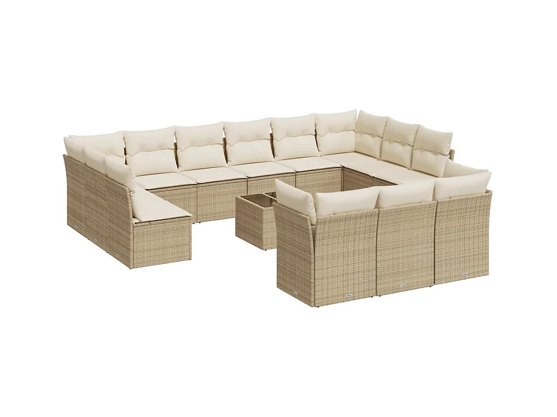 Salon de jardin avec coussins 14 pcs beige résine tressée