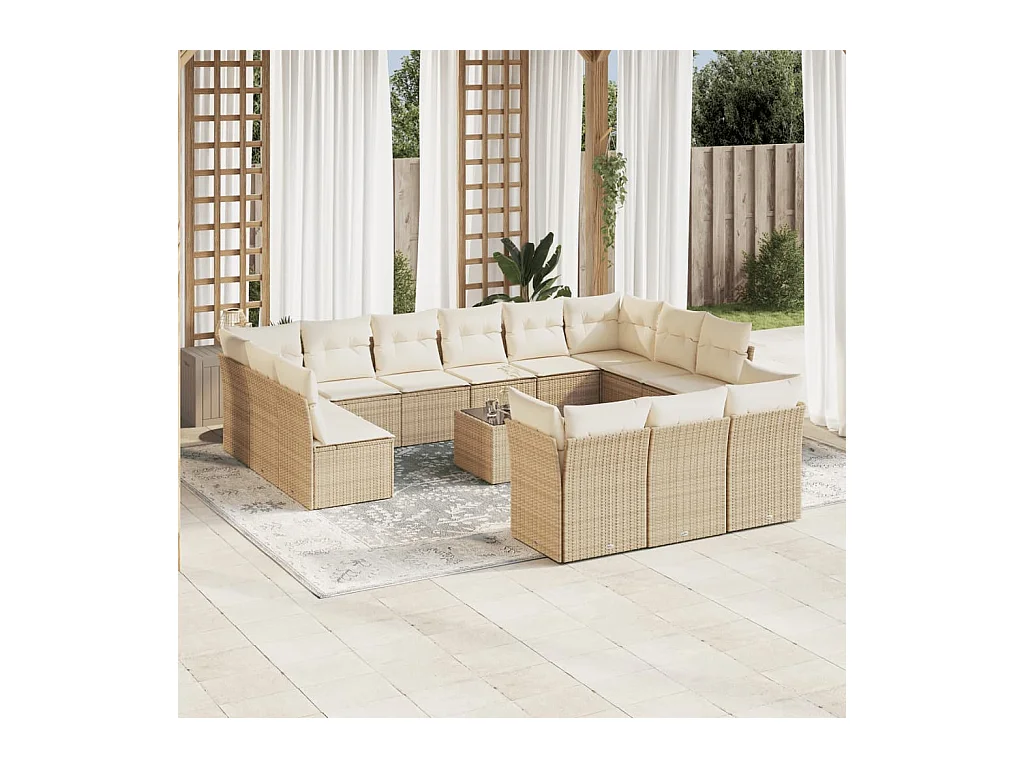 Salon de jardin avec coussins 14 pcs beige résine tressée