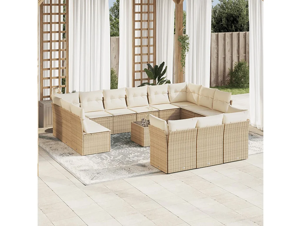Salon de jardin avec coussins 14 pcs beige résine tressée