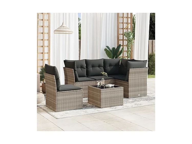 Salon de jardin 6 pcs avec coussins gris clair résine tressée