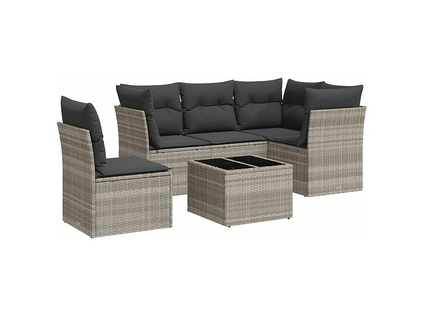 Salon de jardin 6 pcs avec coussins gris clair résine tressée
