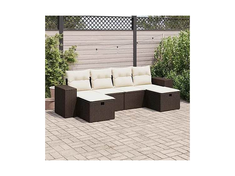 Salon de jardin avec coussins 6 pcs marron résine tressée