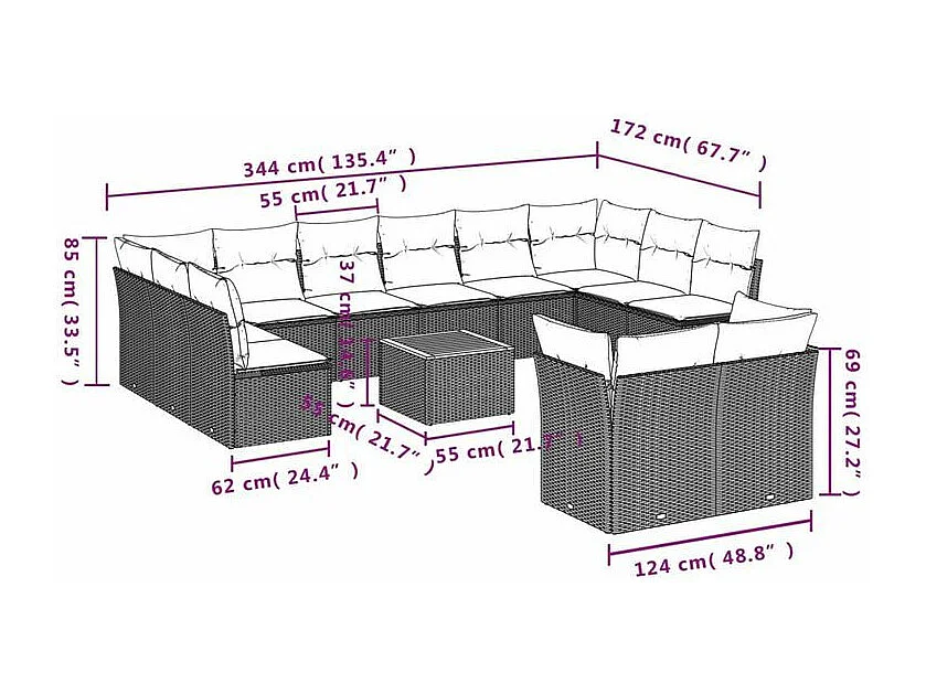 Salon de jardin avec coussins 13 pcs gris résine tressée
