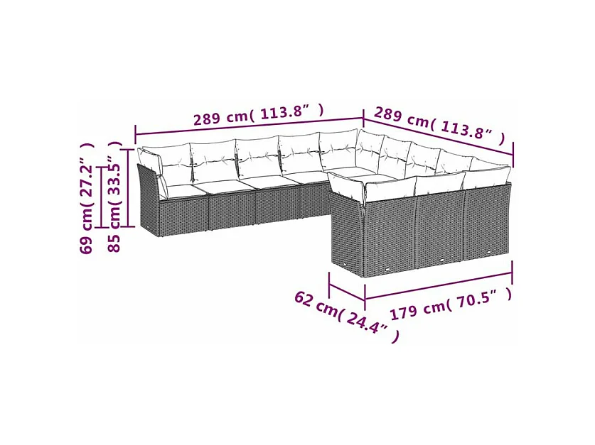 Salon de jardin 11 pcs avec coussins gris clair résine tressée
