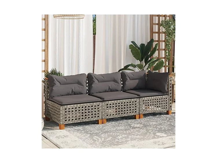 Canapé de jardin avec coussins 3 places gris résine tressée