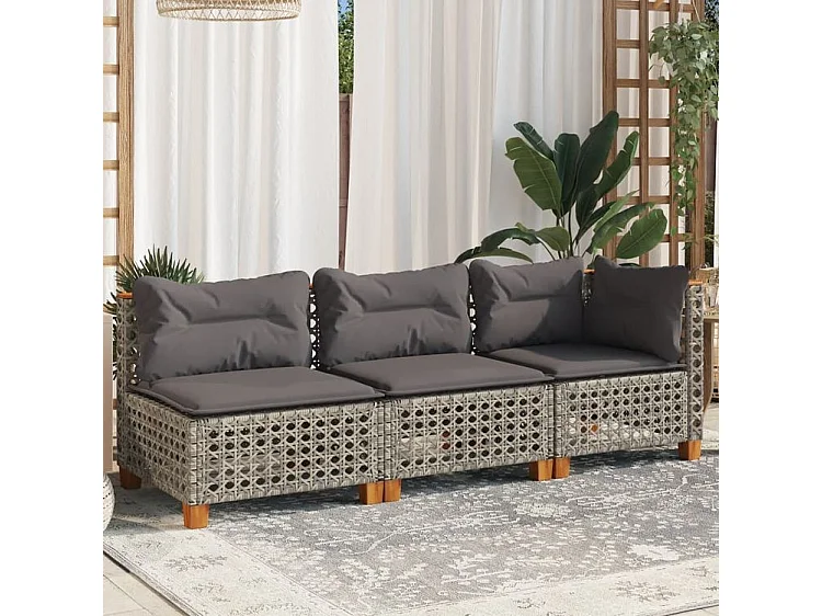 Canapé de jardin avec coussins 3 places gris résine tressée