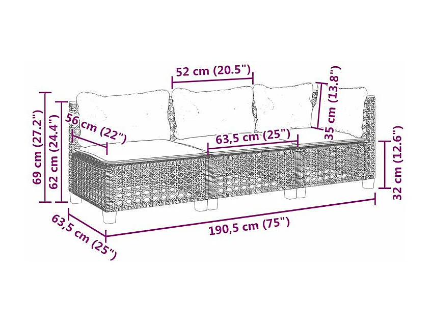 Canapé de jardin avec coussins 3 places gris résine tressée