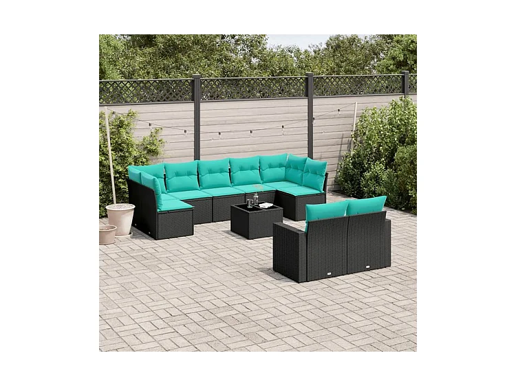 Salon de jardin 10 pcs avec coussins noir résine tressée