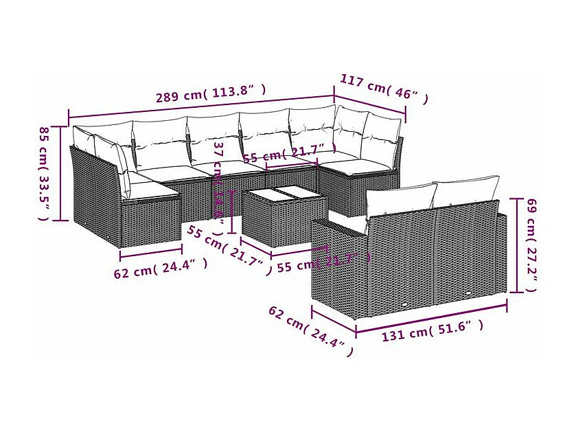 Salon de jardin 10 pcs avec coussins noir résine tressée