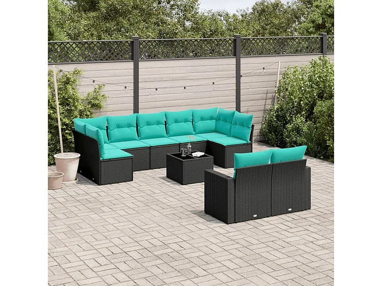 Salon de jardin 10 pcs avec coussins noir résine tressée