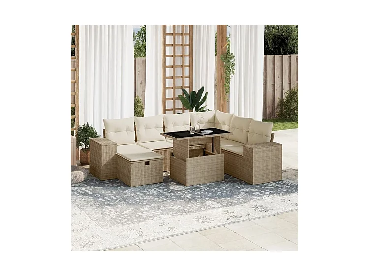 Salon de jardin avec coussins 8 pcs beige résine tressée