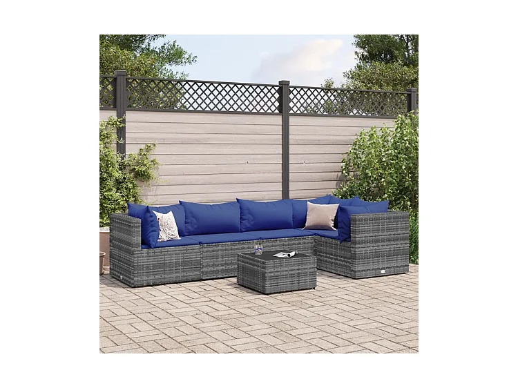 Salon de jardin 6 pcs avec coussins Gris Résine tressée