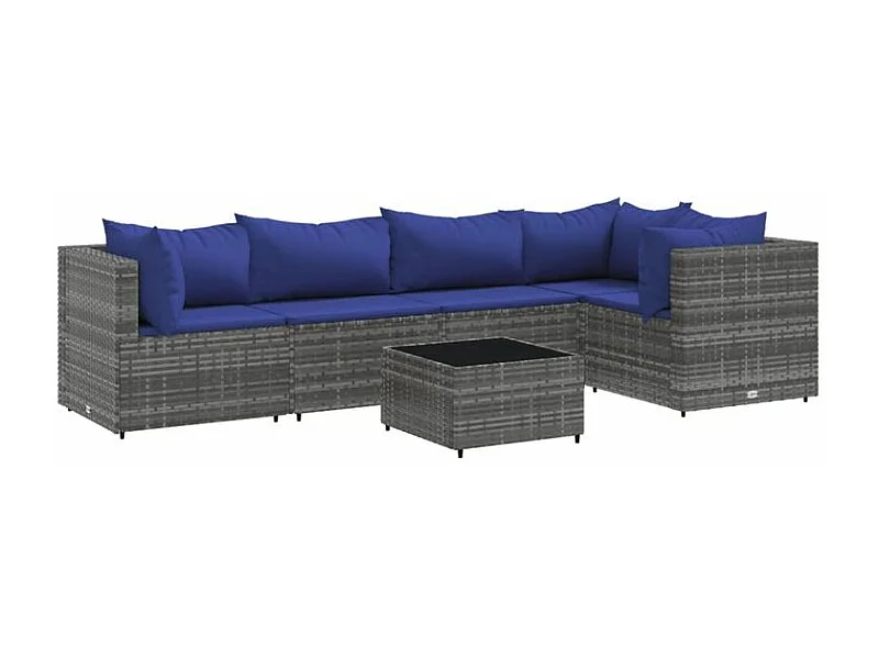 Salon de jardin 6 pcs avec coussins Gris Résine tressée