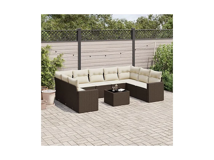 Salon de jardin 10 pcs avec coussins marron résine tressée