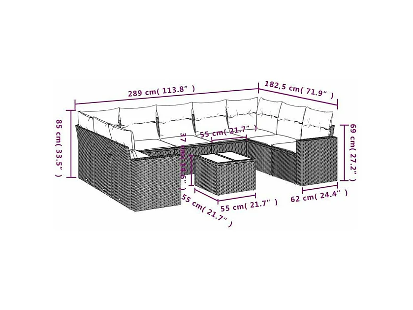 Salon de jardin 10 pcs avec coussins marron résine tressée