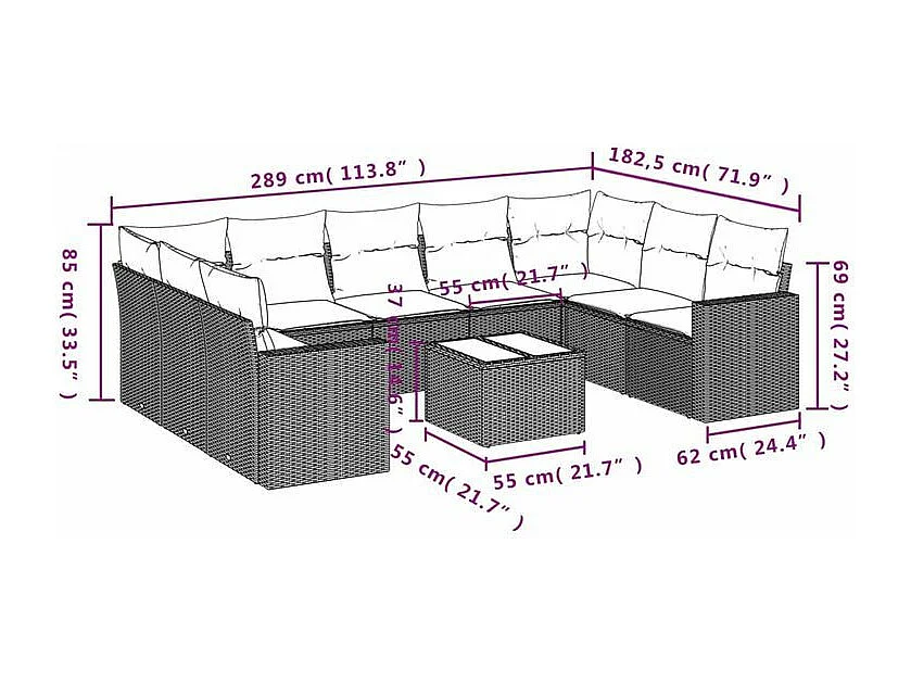 Salon de jardin 10 pcs avec coussins marron résine tressée