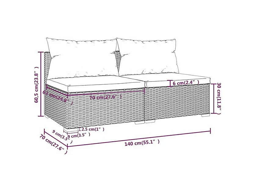 Salon de jardin 2 pcs avec coussins Résine tressée Noir