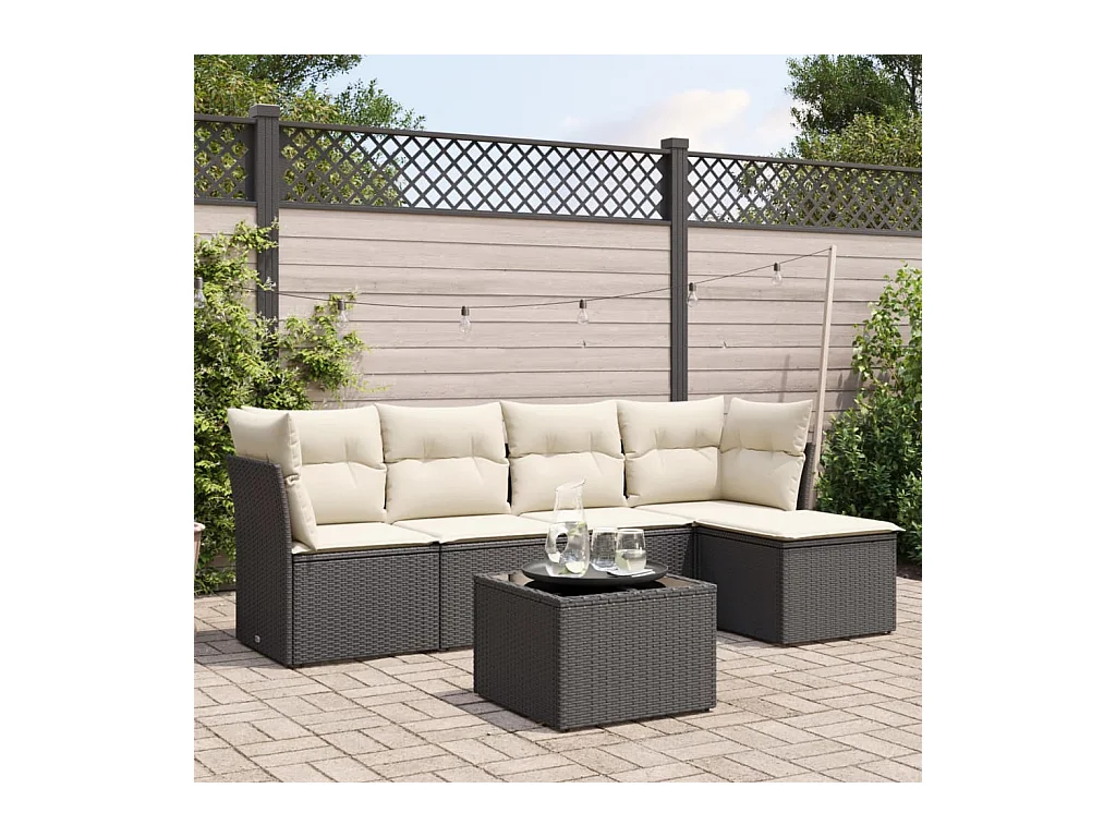 Salon de jardin 6 pcs avec coussins noir résine tressée