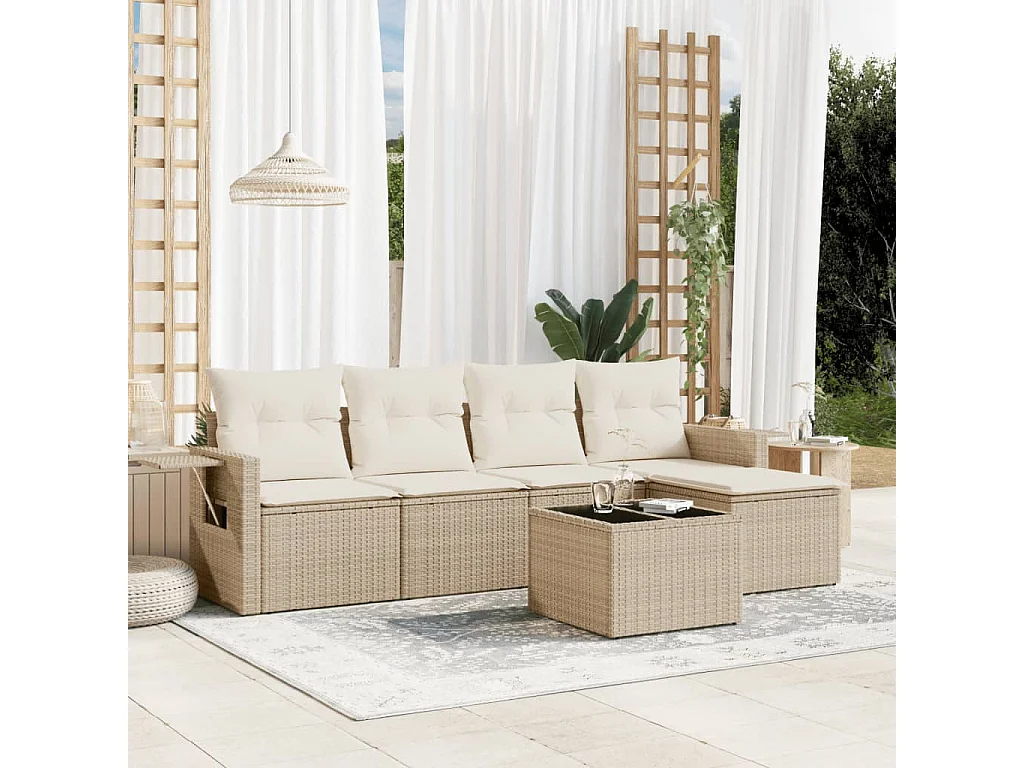 Salon de jardin avec coussins 6 pcs beige résine tressée