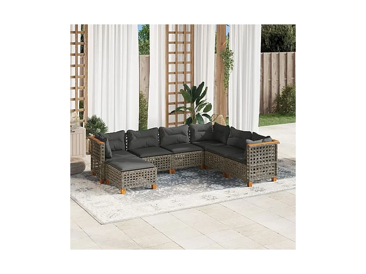 Salon de jardin avec coussins 7 pcs gris résine tressée