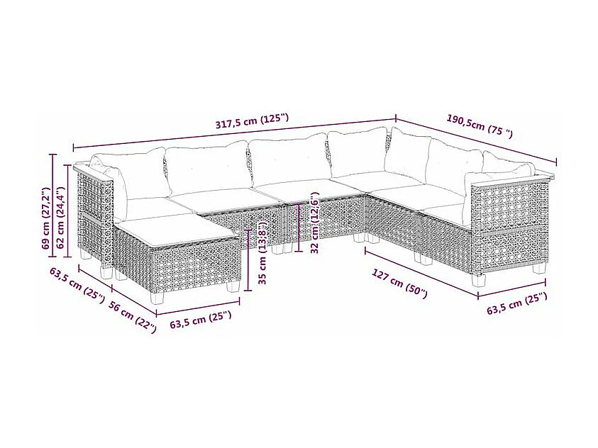 Salon de jardin avec coussins 7 pcs gris résine tressée