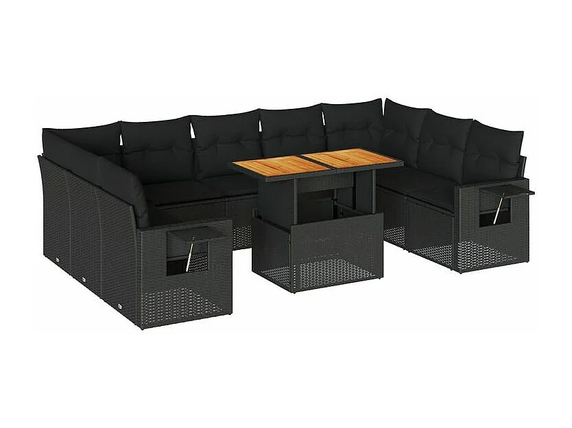 Salon de jardin 10 pcs avec coussins noir résine tressée
