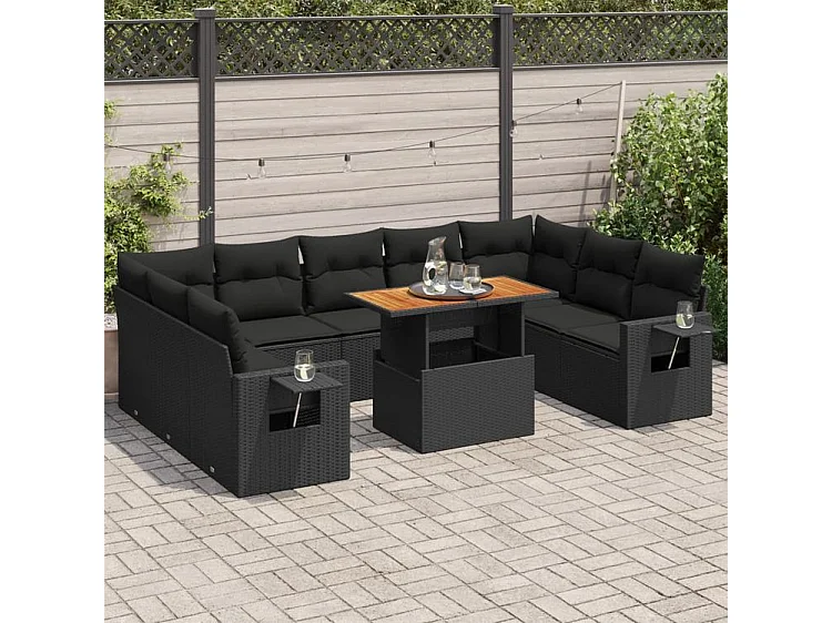 Salon de jardin 10 pcs avec coussins noir résine tressée