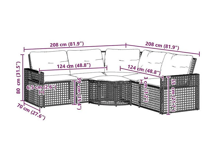 Canapé de jardin et coussins et repose-pied en forme de L rotin