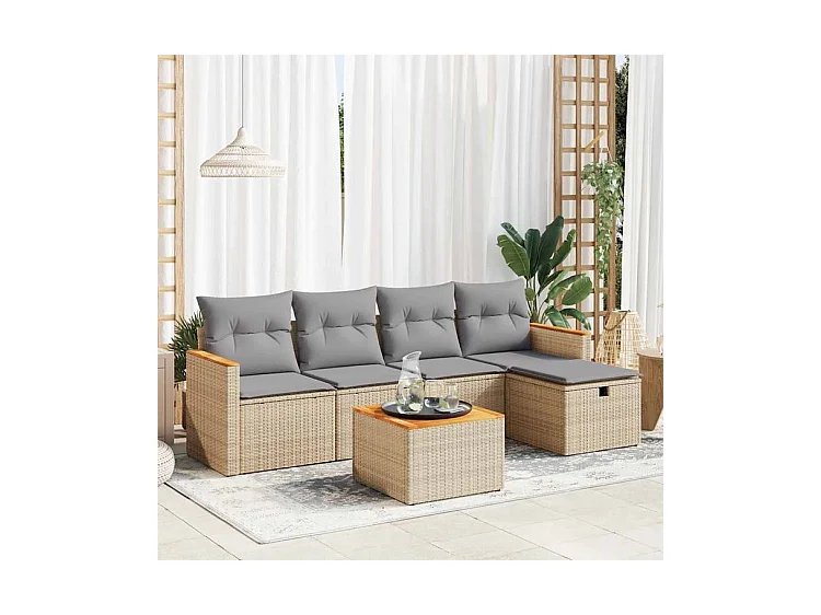 Salon de jardin avec coussins 6 pcs beige résine tressée