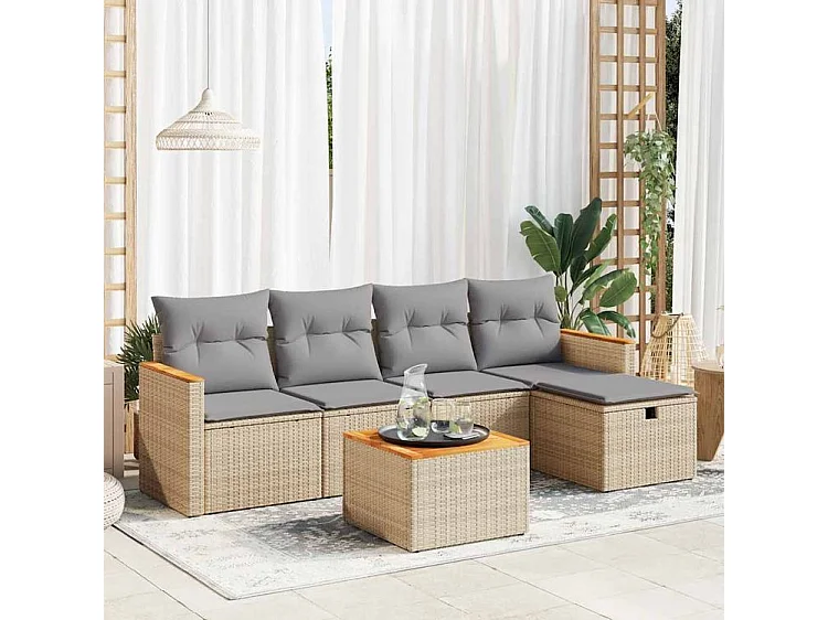 Salon de jardin avec coussins 6 pcs beige résine tressée