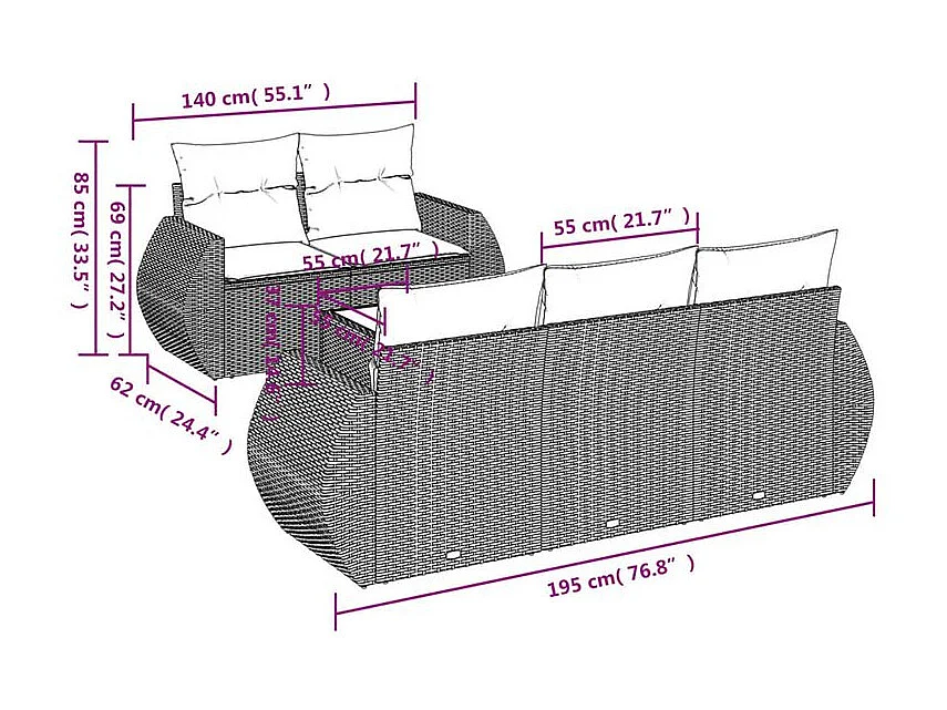 Salon de jardin 6 pcs avec coussins gris clair résine tressée