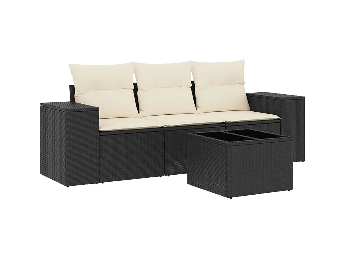 Salon de jardin 4 pcs avec coussins noir résine tressée