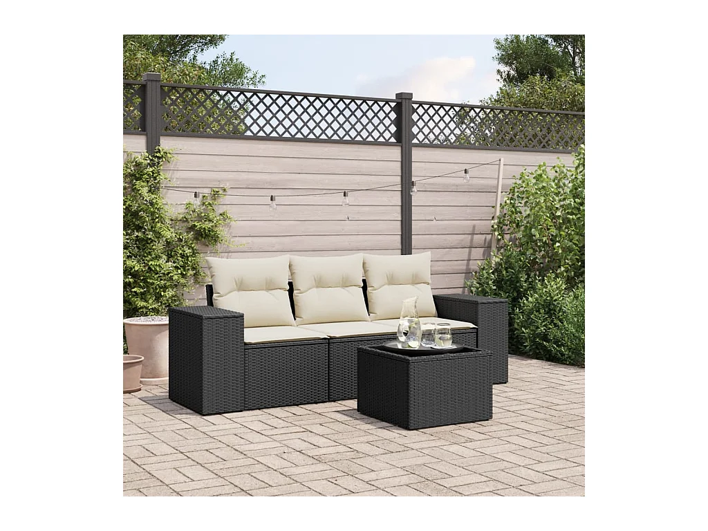 Salon de jardin 4 pcs avec coussins noir résine tressée