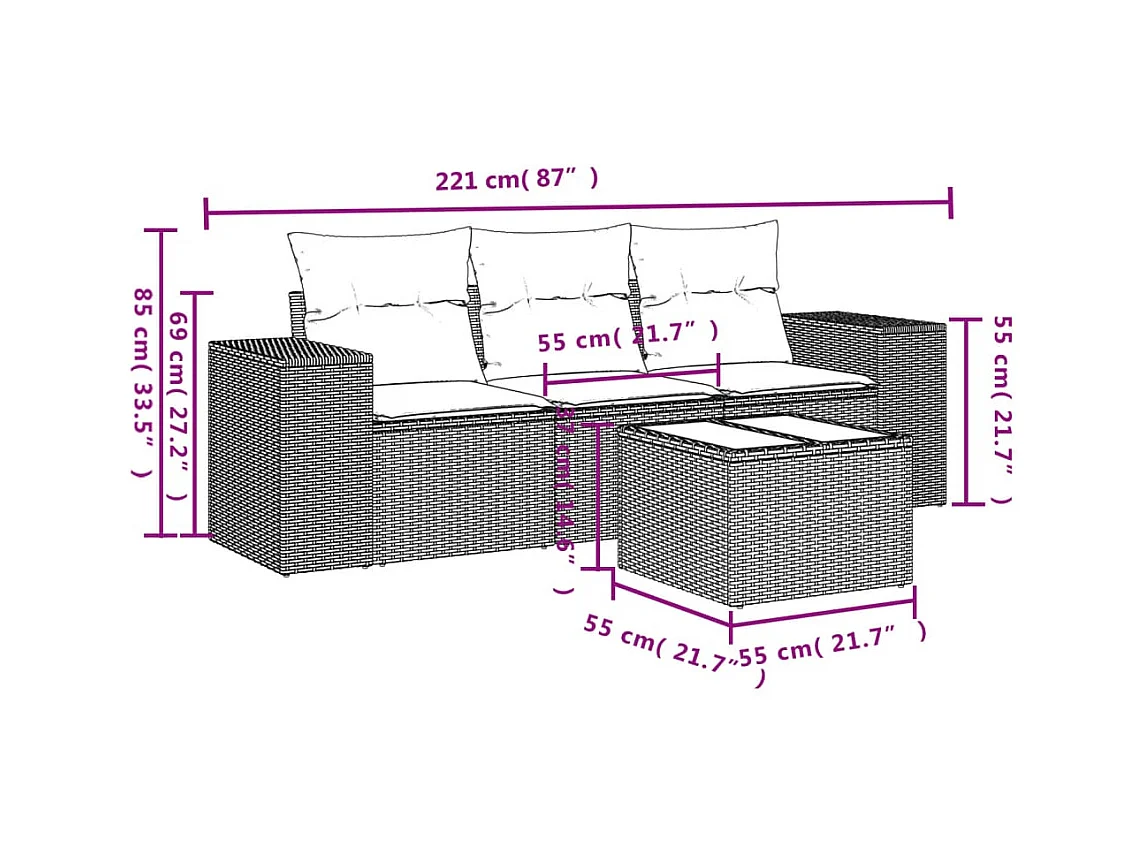 Salon de jardin 4 pcs avec coussins noir résine tressée