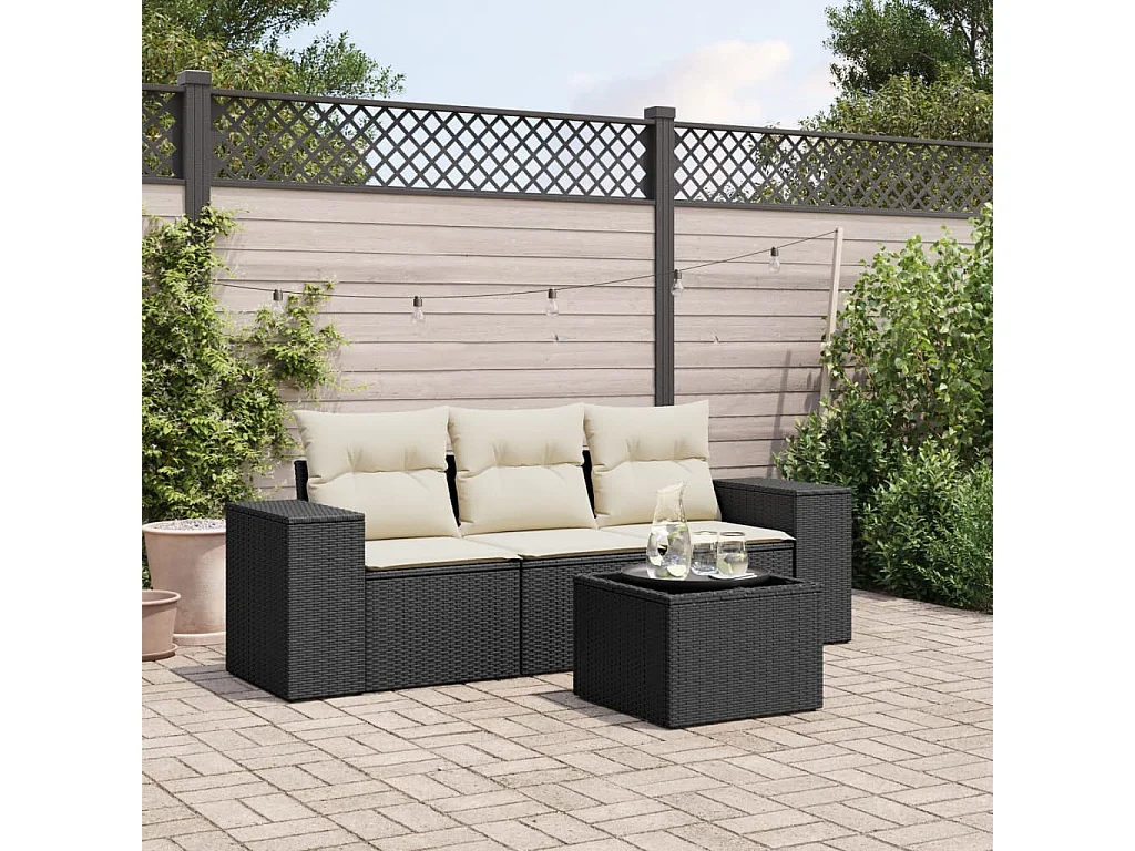 Salon de jardin 4 pcs avec coussins noir résine tressée