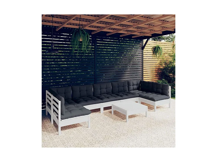 Salon de jardin 8 pcs avec coussins blanc bois de pin massif