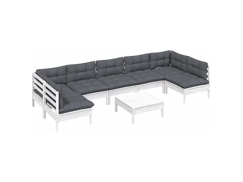 Salon de jardin 8 pcs avec coussins blanc bois de pin massif