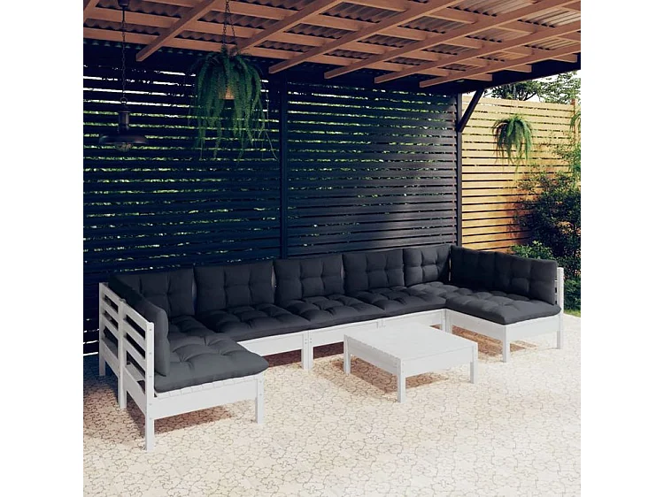 Salon de jardin 8 pcs avec coussins blanc bois de pin massif