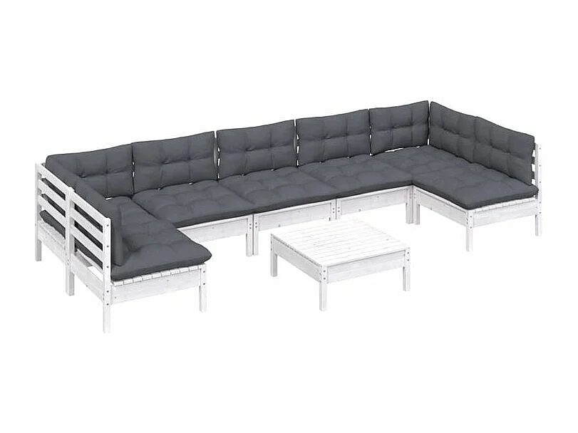 Salon de jardin 8 pcs avec coussins blanc bois de pin massif