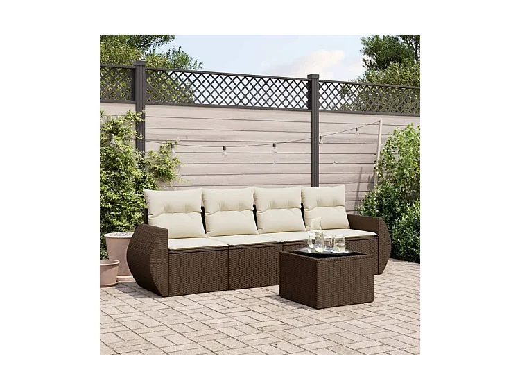 Salon de jardin avec coussins 5 pcs marron résine tressée