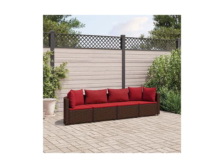 Salon de jardin 4 pcs avec coussins marron résine tressée