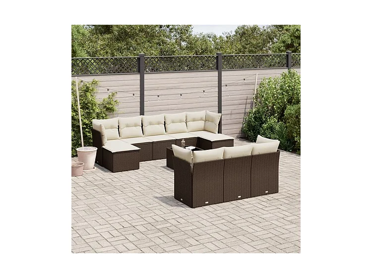 Salon de jardin et coussins 11 pcs marron résine tressée