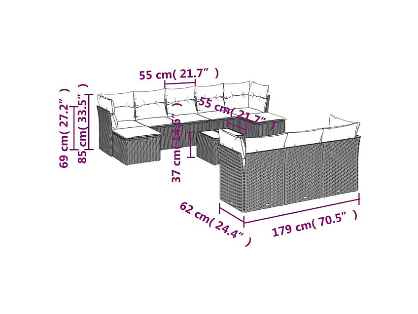 Salon de jardin et coussins 11 pcs marron résine tressée